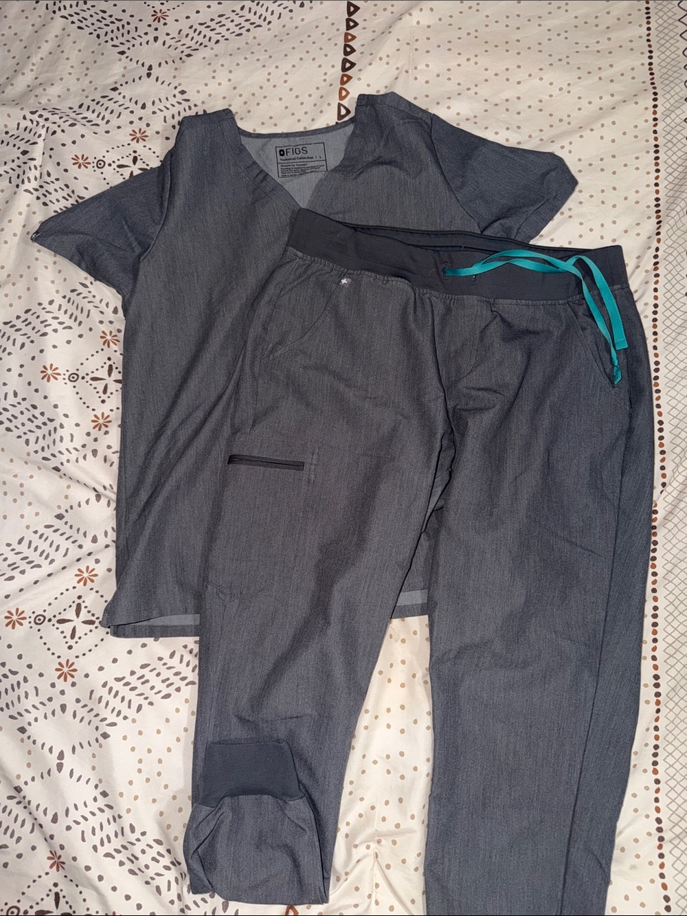 Figs Slate Gray Scrub Top & Pants with Teal Drawstring